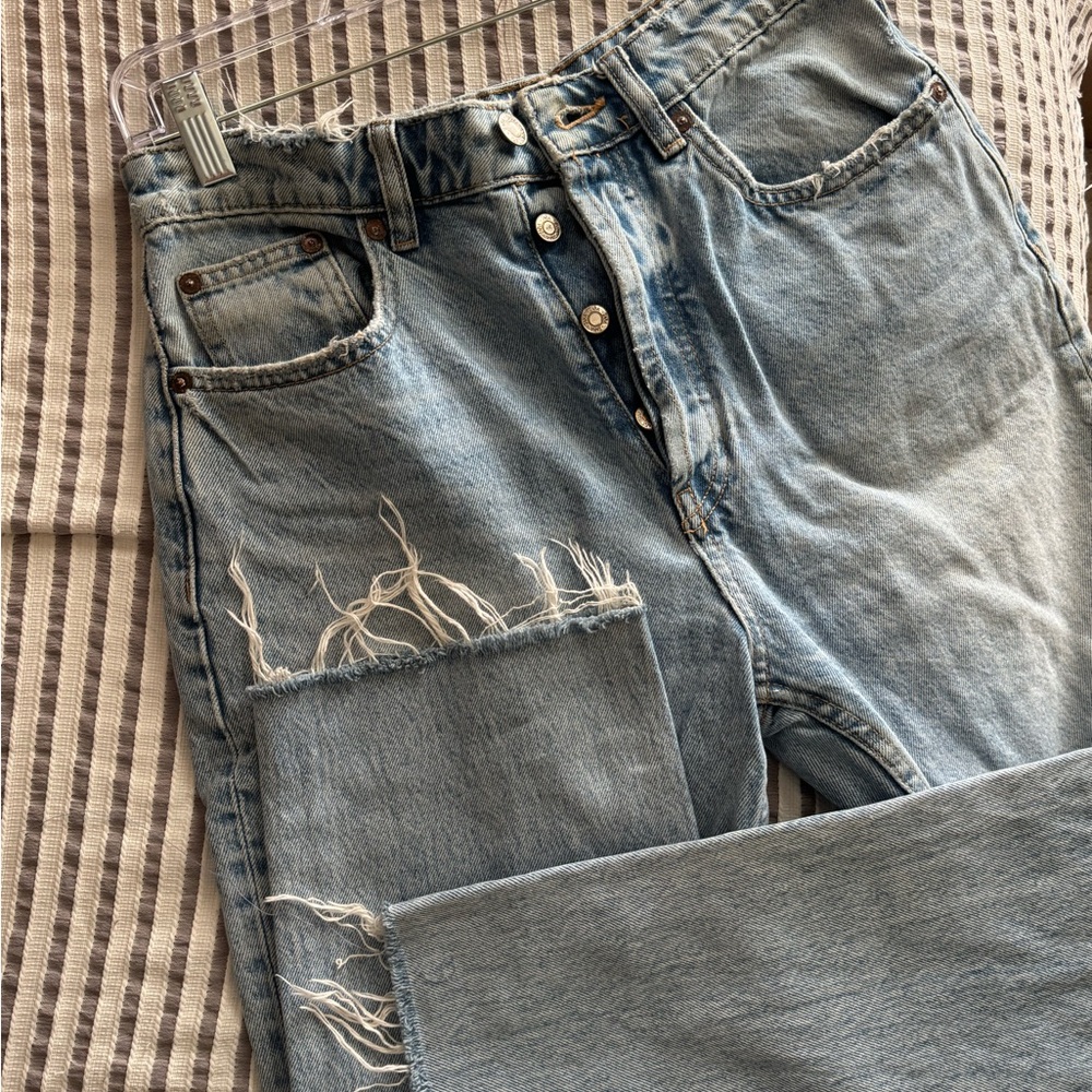 Zara Blue High Waist Distressed Straight Jeans